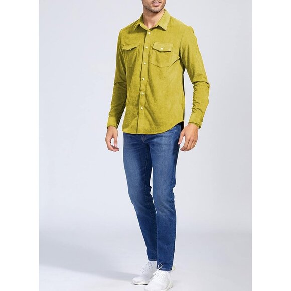 Men Yellow Corduroy Shirt Casual Long Sleeve Button Up Jacket Style Top - Picture 6 of 8